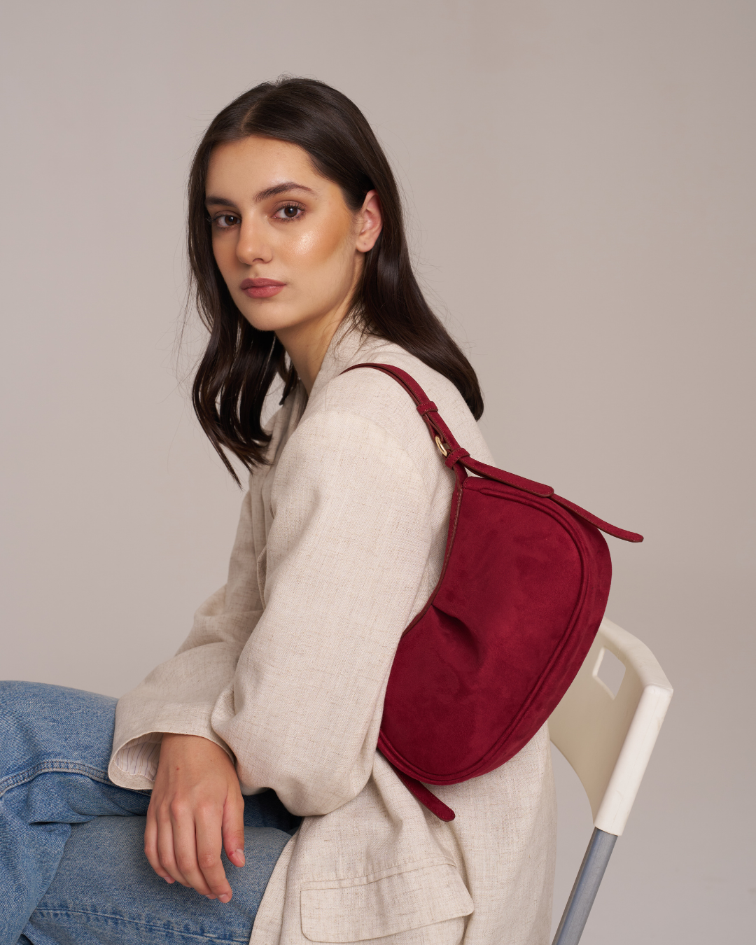 Shulder Bag Pleated Moon Suede Red