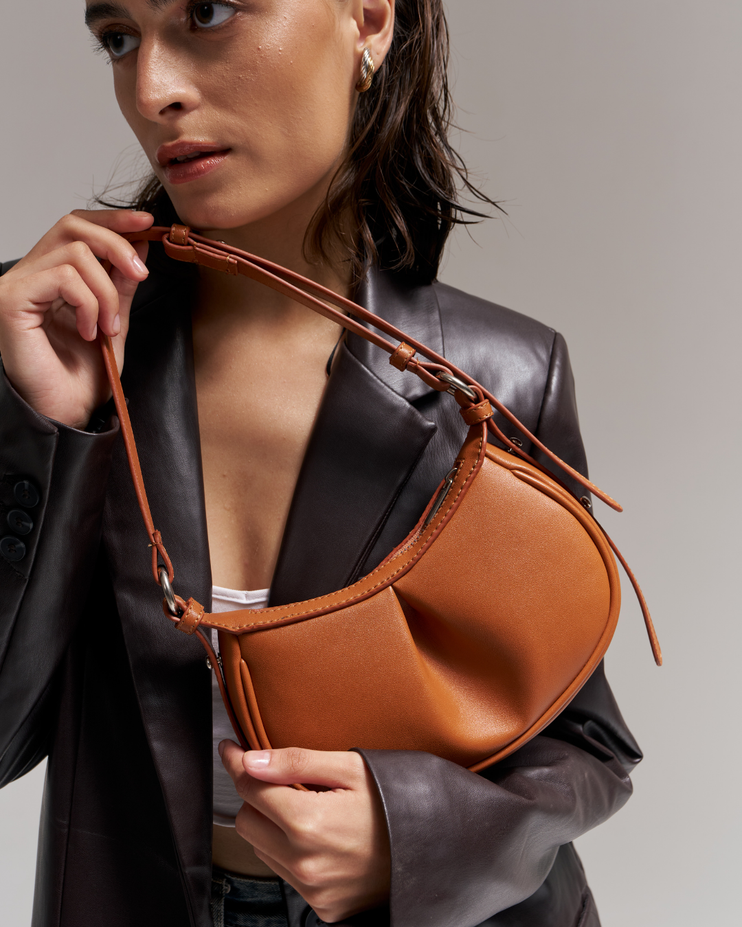 The Pleated Moon Bag Color Tan