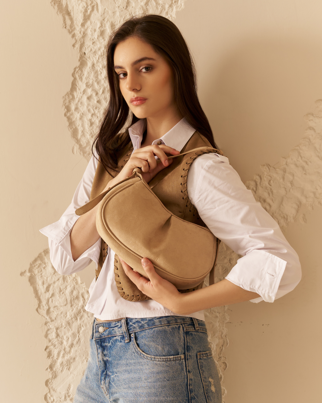 The Pleated Moon Suede Cream Color Shoulder Bag
