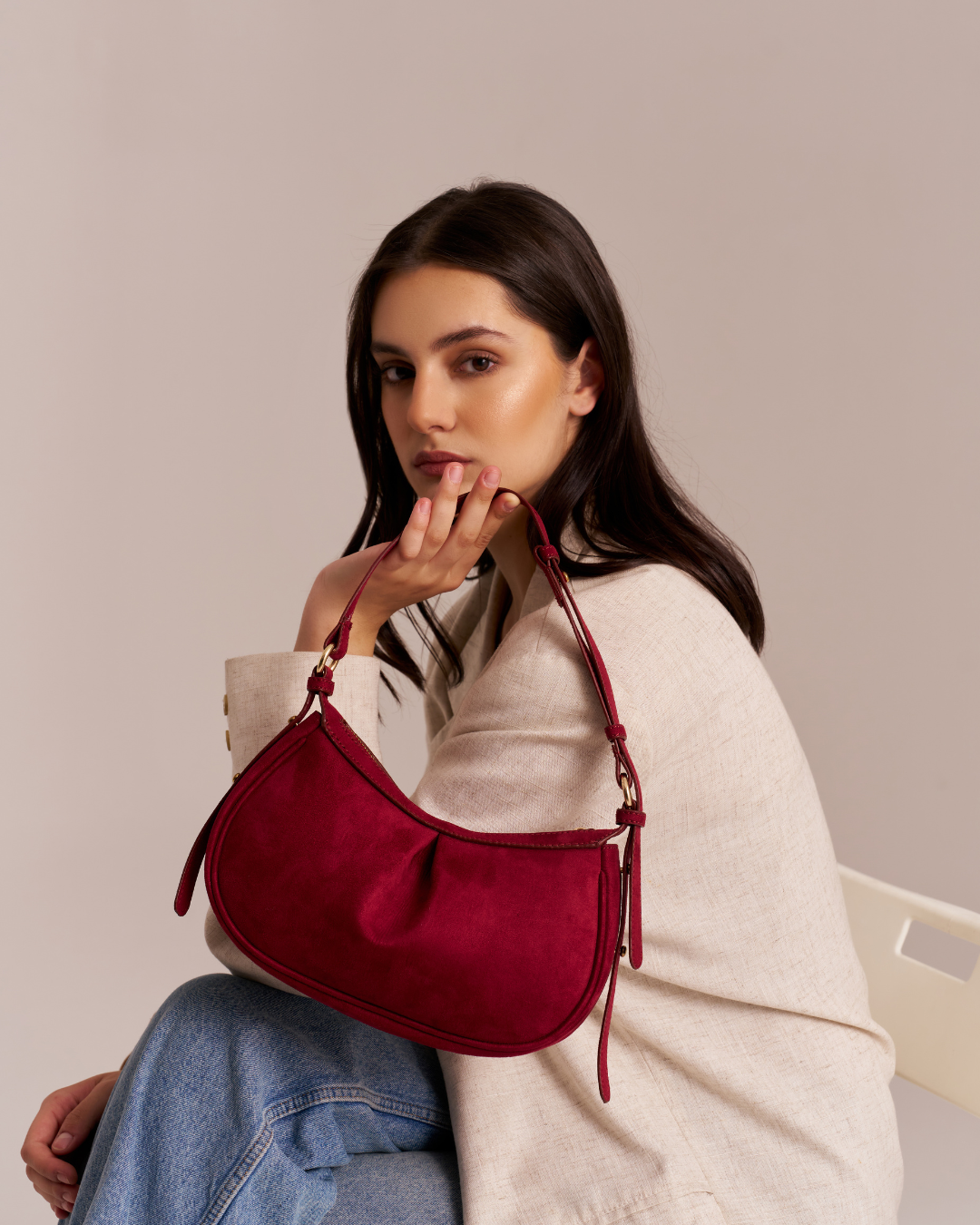 The Pleated Moon Suede Red Shoulder Bag