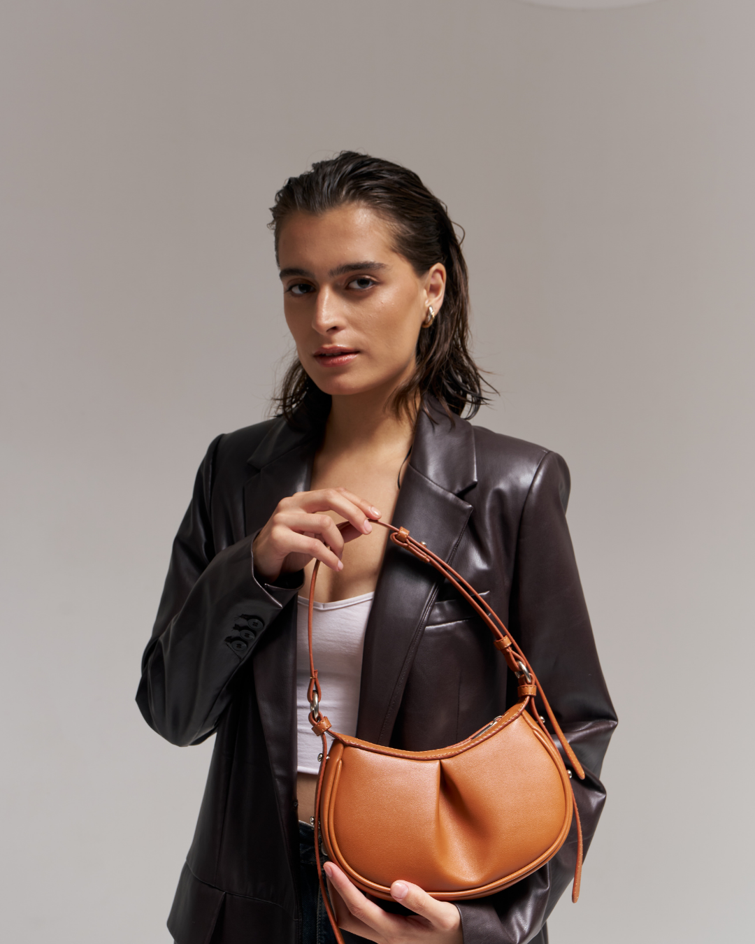 The Pleated Moon Tan Shoulder Bag