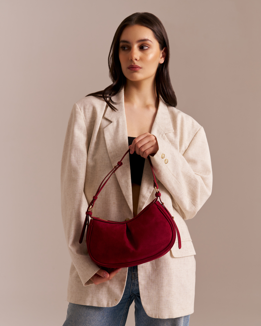 Pleated Moon Suede Red Bag