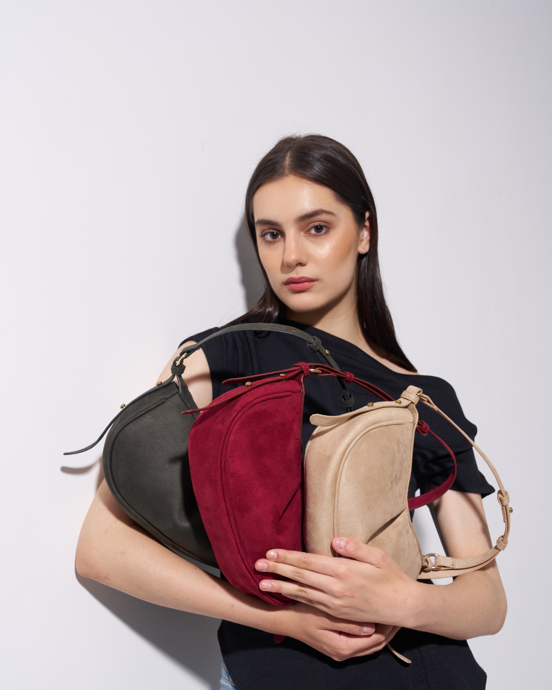Suede Red Color Pleated Moon Bag