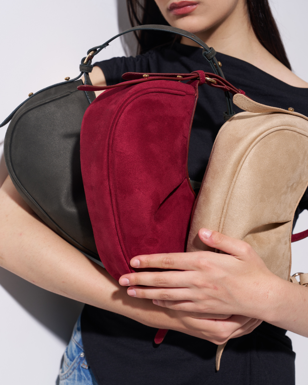 Suede Red Pleated Moon Shoulder Bag