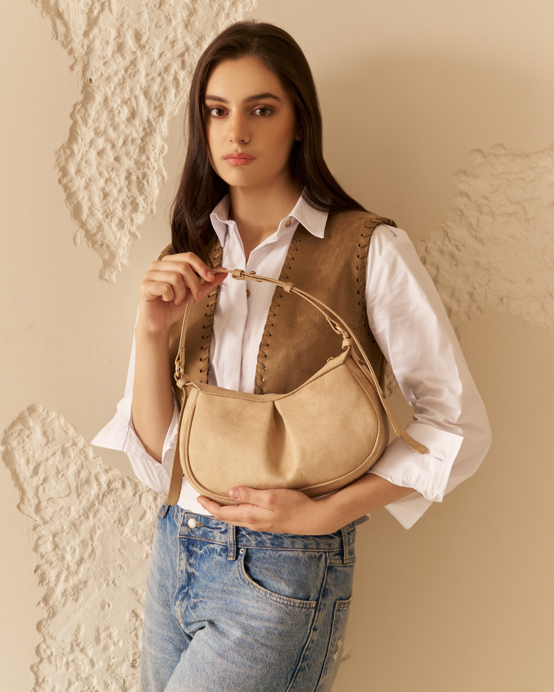 The Pleated Moon Suede Cream Color
