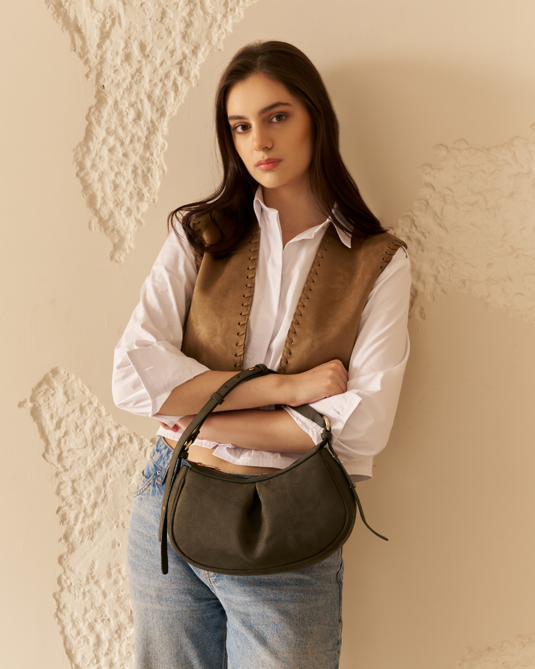 The Pleated Moon Suede Olive Shoulder Bag