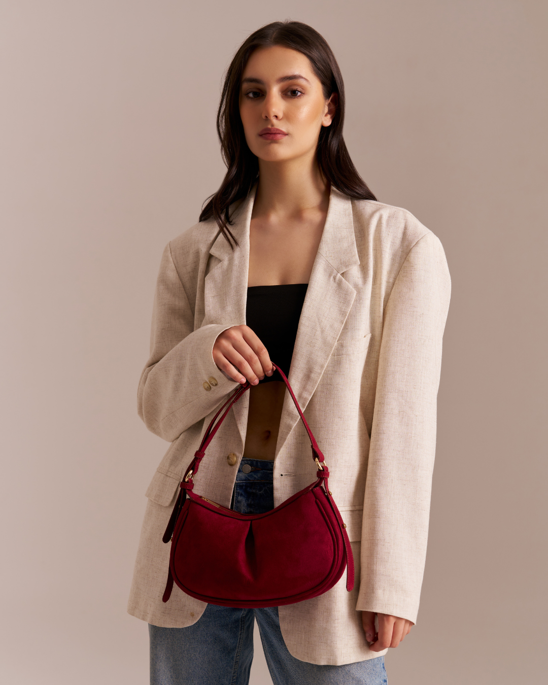 The Pleated Moon Suede Red Bag